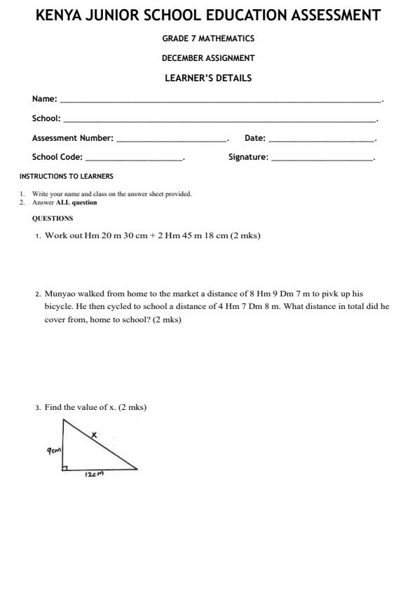 Page 1 – Grade 7 Mathematics December 2026 Holiday Assignment  – Kenyaplex