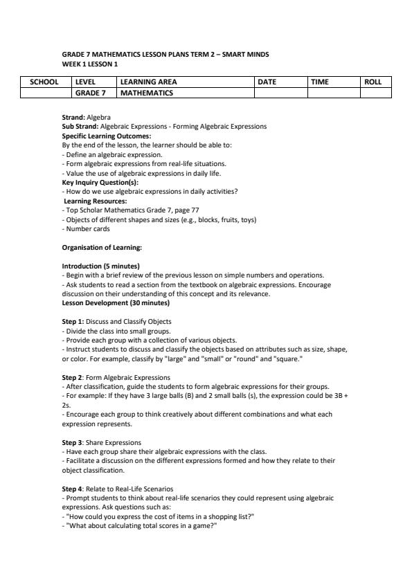 Page 1 – Grade 7 Mathematics Lesson Plans Term 2 - KLB Top Scholar – Kenyaplex