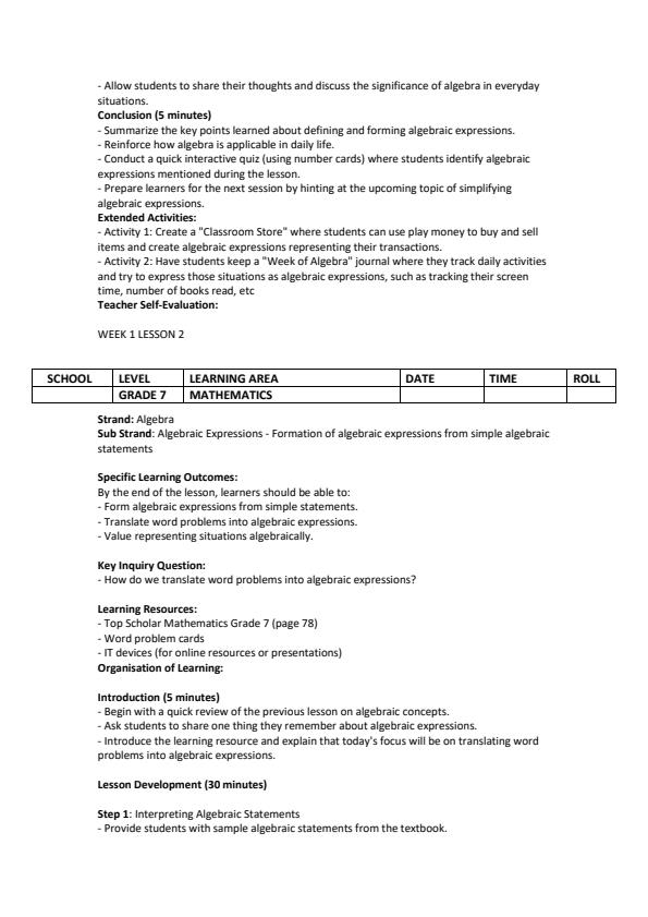 Page 2 – Grade 7 Mathematics Lesson Plans Term 2 - KLB Top Scholar – Kenyaplex