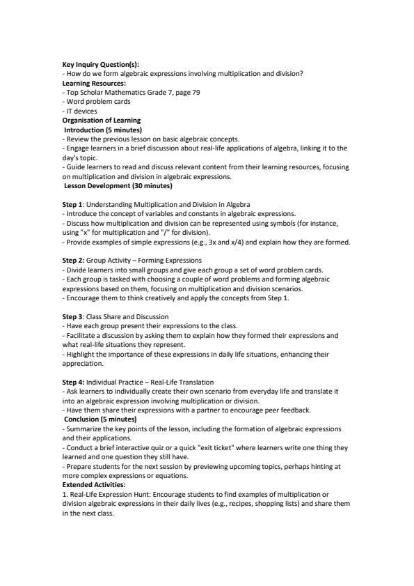 Page 4 – Grade 7 Mathematics Lesson Plans Term 2 - KLB Top Scholar – Kenyaplex