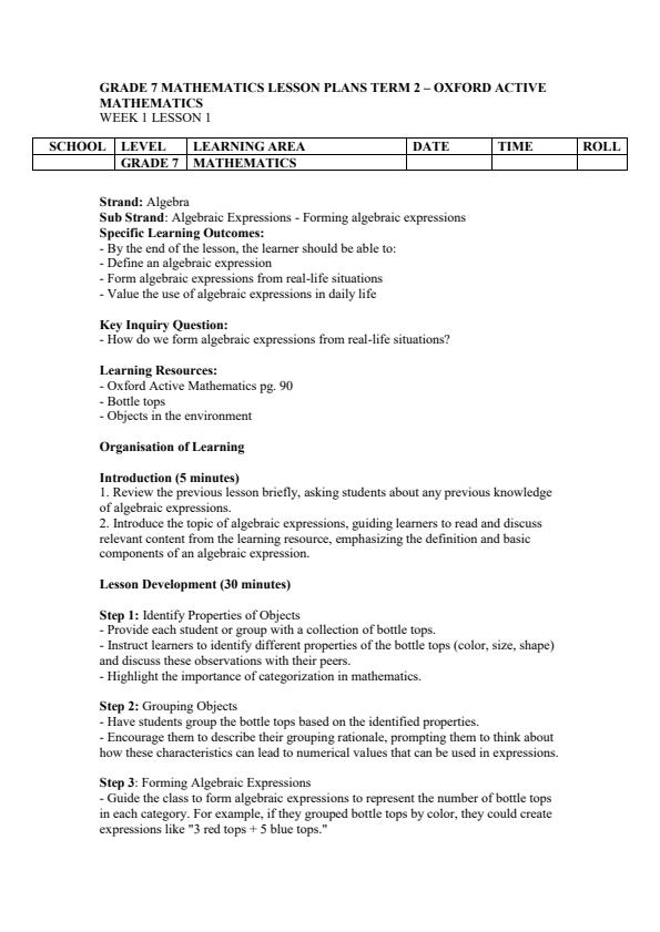 Page 1 – Grade 7 Mathematics Lesson Plans Term 2 - Oxford Active Mathematics – Kenyaplex
