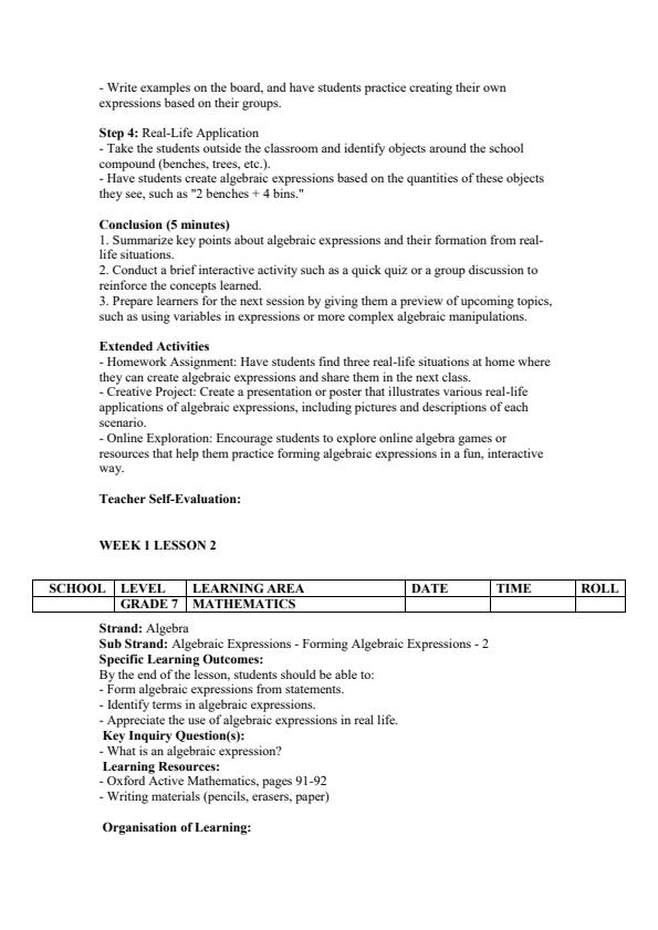 Page 2 – Grade 7 Mathematics Lesson Plans Term 2 - Oxford Active Mathematics – Kenyaplex
