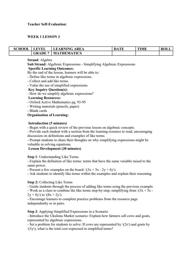 Page 4 – Grade 7 Mathematics Lesson Plans Term 2 - Oxford Active Mathematics – Kenyaplex