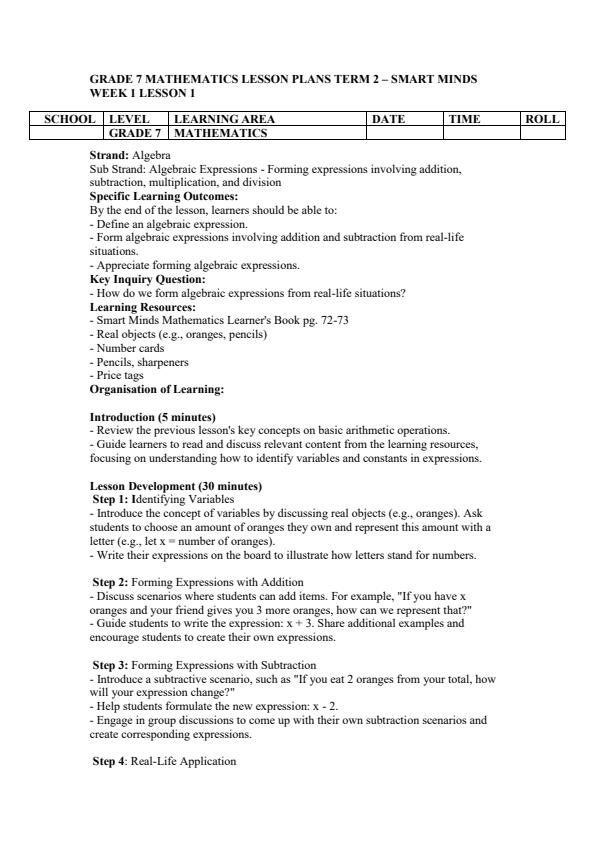 Page 1 – Grade 7 Mathematics Lesson Plans Term 2 - Smart Minds – Kenyaplex