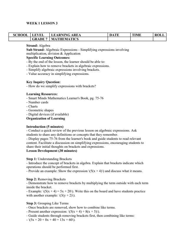 Page 4 – Grade 7 Mathematics Lesson Plans Term 2 - Smart Minds – Kenyaplex