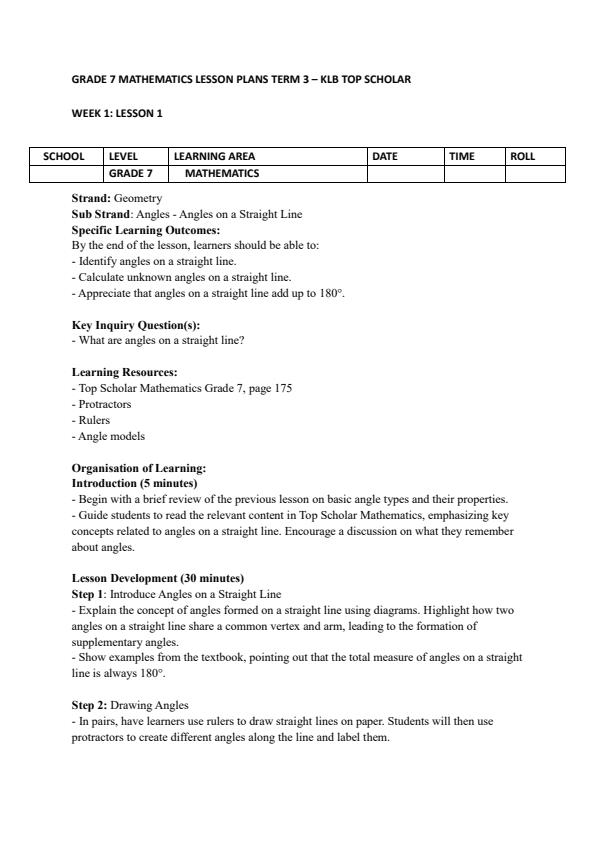 Page 1 – Grade 7 Mathematics Lesson Plans Term 3 - KLB Top Scholar – Kenyaplex