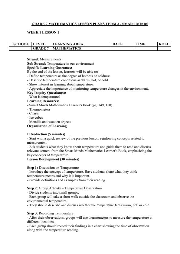 Page 1 – Grade 7 Mathematics Lesson Plans Term 3 - Smart Minds – Kenyaplex