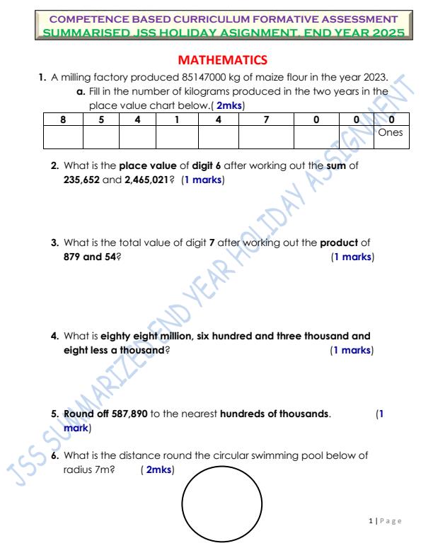 Page 1 – Grade 7 November/December 2025 Holiday Assignments - Set – Kenyaplex