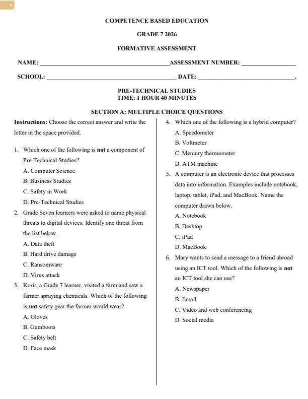 Page 1 – Grade 7 Pre - Technical Studies April 2026 Holiday Assignment – Kenyaplex