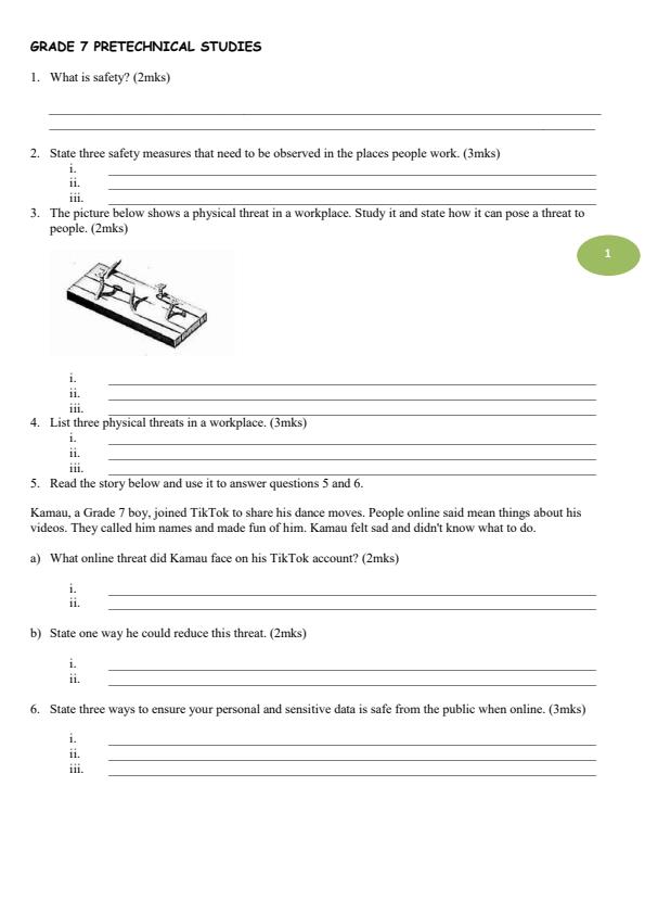 Page 1 – Grade 7 Pre - Technical Studies August 2026 Holiday Assignment – Kenyaplex