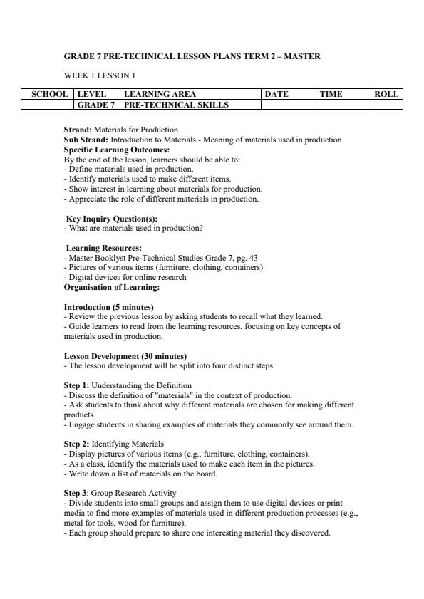 Page 1 – Grade 7 Pre-Technical Lesson Plans Term 2 - Master Booklyst – Kenyaplex
