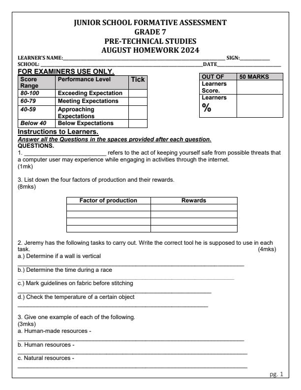 Page 1 – Grade 7 Pre Technical Studies August 2024 Holiday Assignment – Kenyaplex