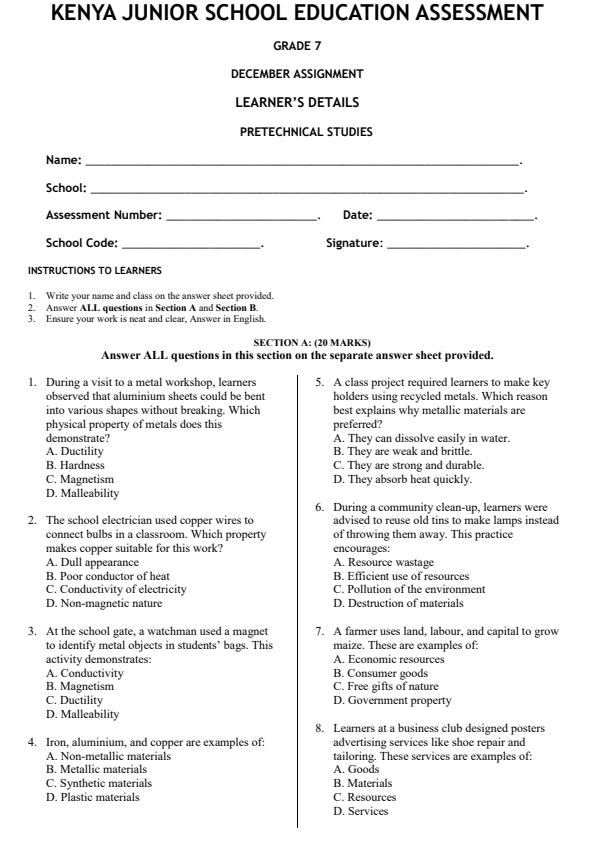 Page 1 – Grade 7 Pre Technical Studies Deceber 2026 Holiday Assignment – Kenyaplex