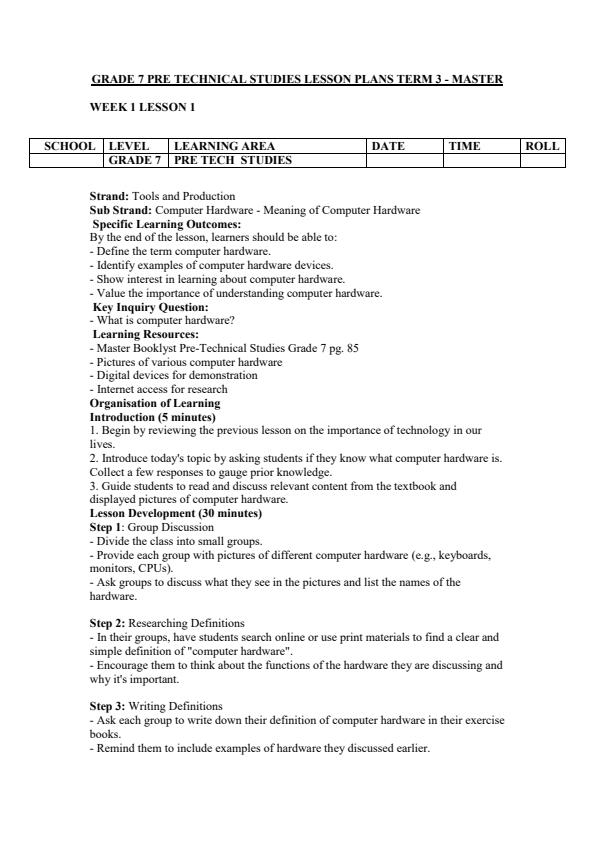 Page 1 – Grade 7 Pre-Technical Studies Lesson Plans Term 3 - Master Booklyst – Kenyaplex