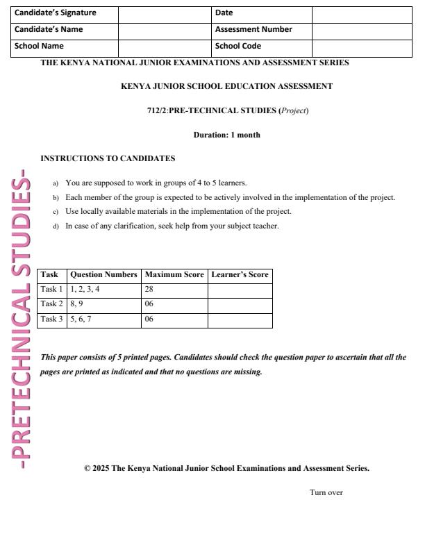 Page 1 – Grade 7 Pre Technical Studies Paper 2 August 2025 Holiday Assignment – Kenyaplex