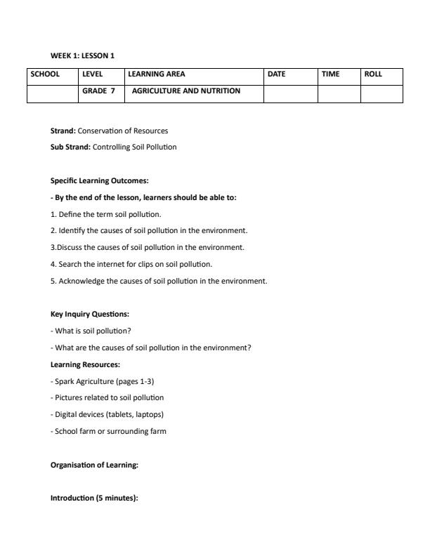 Page 1 – Grade 7 Rationalized Agriculture and Nutrition Lesson Plans Term 1 - Spark Agriculture – Kenyaplex