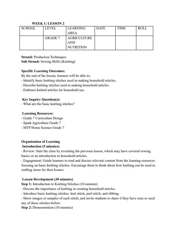 Page 3 – Grade 7 Rationalized Agriculture and Nutrition Lesson Plans Term 3 – Kenyaplex