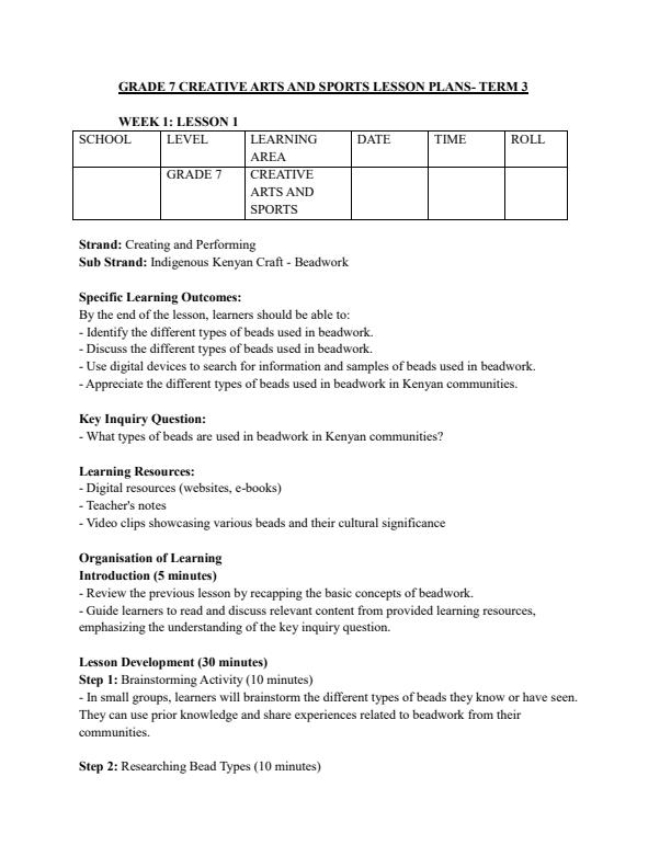 Page 1 – Grade 7 Rationalized Creative Arts and Sports Lesson Plans Term 3 – Kenyaplex