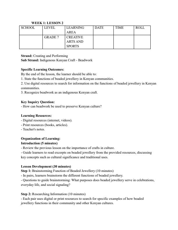 Page 3 – Grade 7 Rationalized Creative Arts and Sports Lesson Plans Term 3 – Kenyaplex