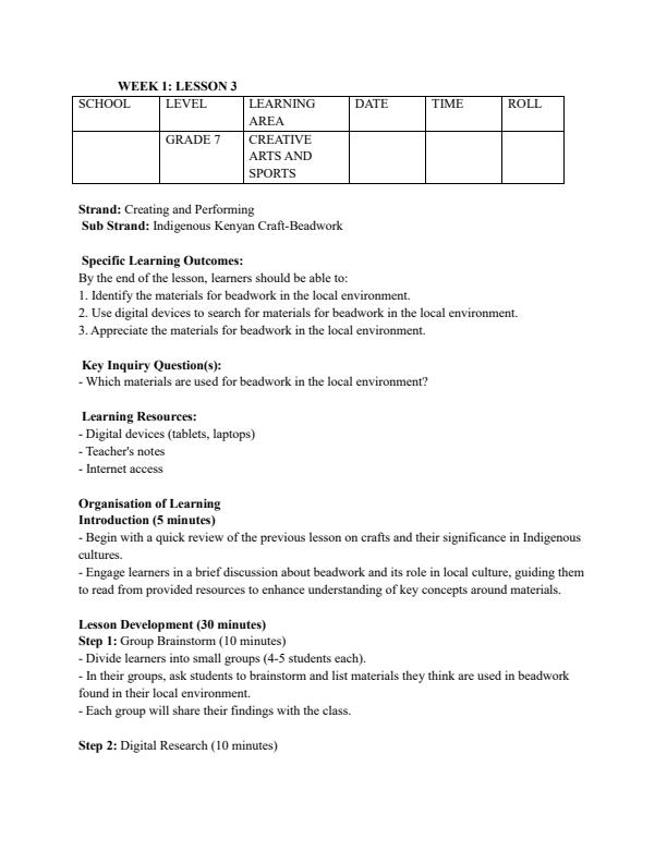 Page 5 – Grade 7 Rationalized Creative Arts and Sports Lesson Plans Term 3 – Kenyaplex