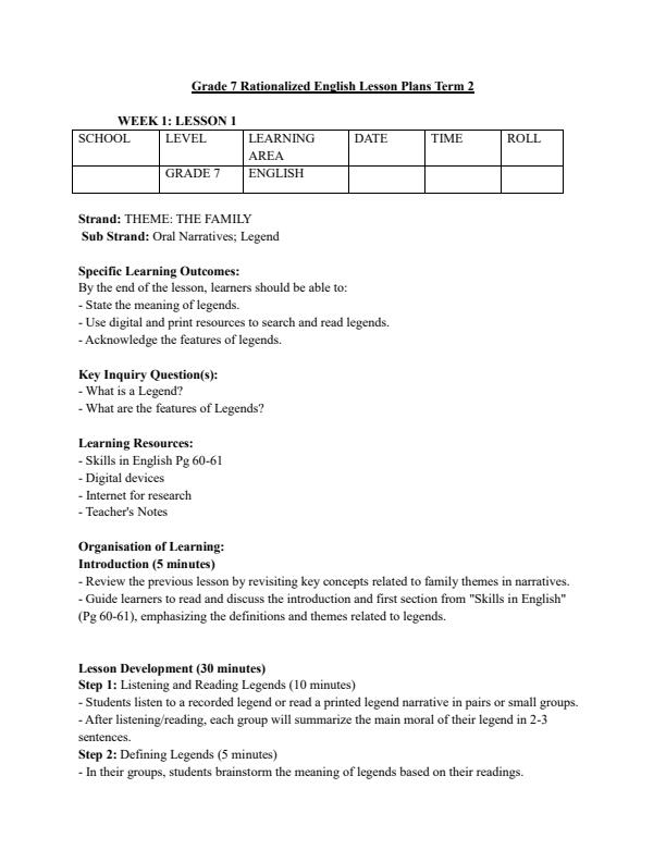 Page 1 – Grade 7 Rationalized English Lesson Plans Term 2 - Skills in English – Kenyaplex