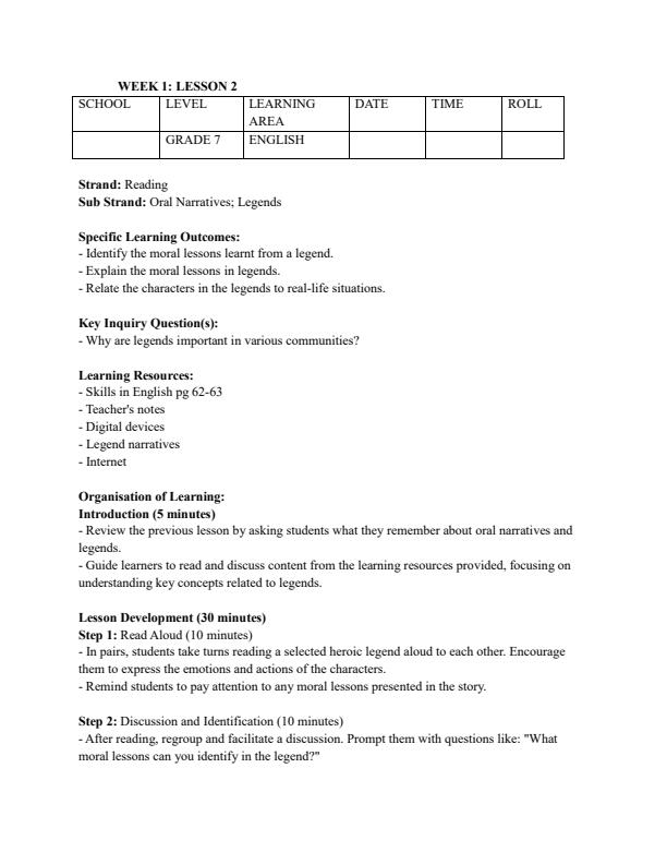 Page 3 – Grade 7 Rationalized English Lesson Plans Term 2 - Skills in English – Kenyaplex