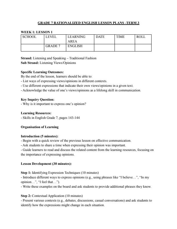 Page 1 – Grade 7 Rationalized English Lesson Plans Term 3 – Kenyaplex