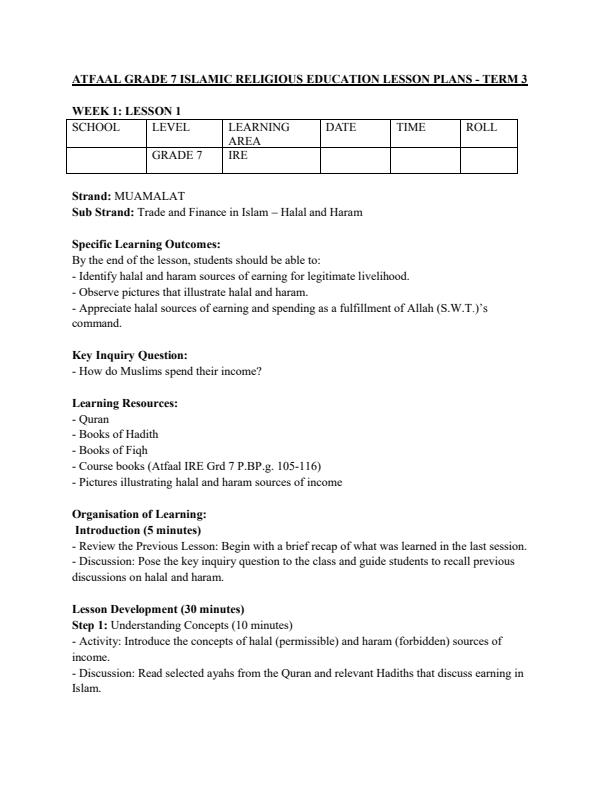 Page 1 – Grade 7 Rationalized IRE Lesson Plans Term 3 - Atfaal – Kenyaplex
