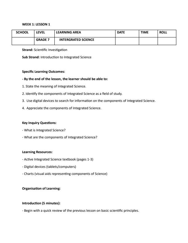 Page 1 – Grade 7 Rationalized Integrated Science Lesson Plans Term 1 – Kenyaplex