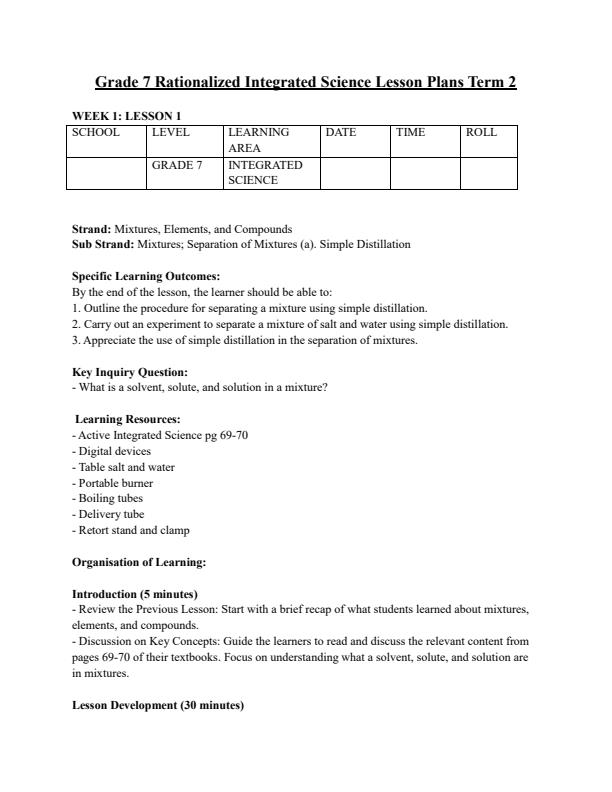 Page 1 – Grade 7 Rationalized Integrated Science Lesson Plans Term 2 - Active Integrated Science – Kenyaplex
