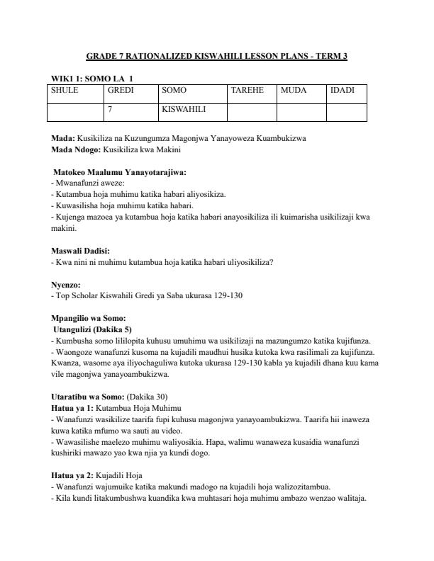 Page 1 – Grade 7 Rationalized Kiswahili  Lesson Plan Term 3  - KLB Top scholar – Kenyaplex
