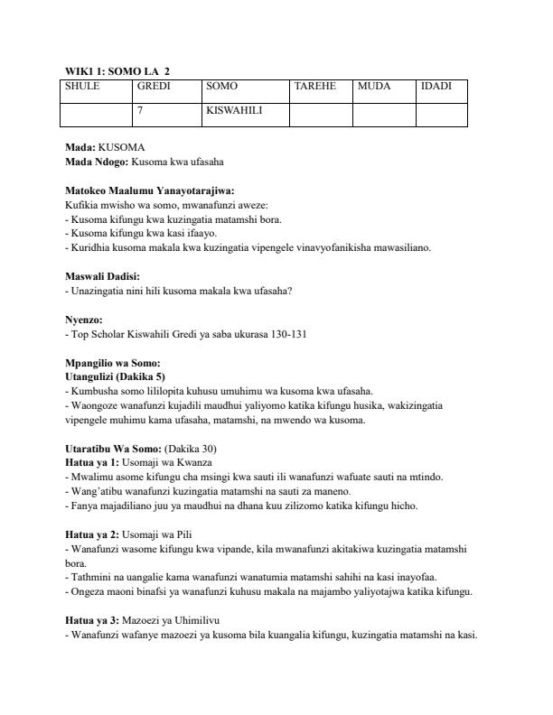 Page 3 – Grade 7 Rationalized Kiswahili  Lesson Plan Term 3  - KLB Top scholar – Kenyaplex