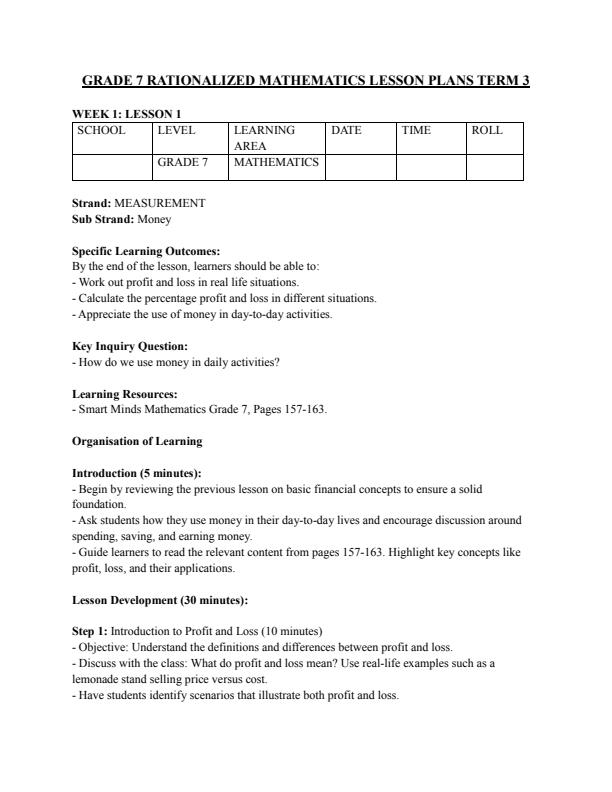 Page 1 – Grade 7 Rationalized Mathematics Lesson Plans Term 3 – Kenyaplex