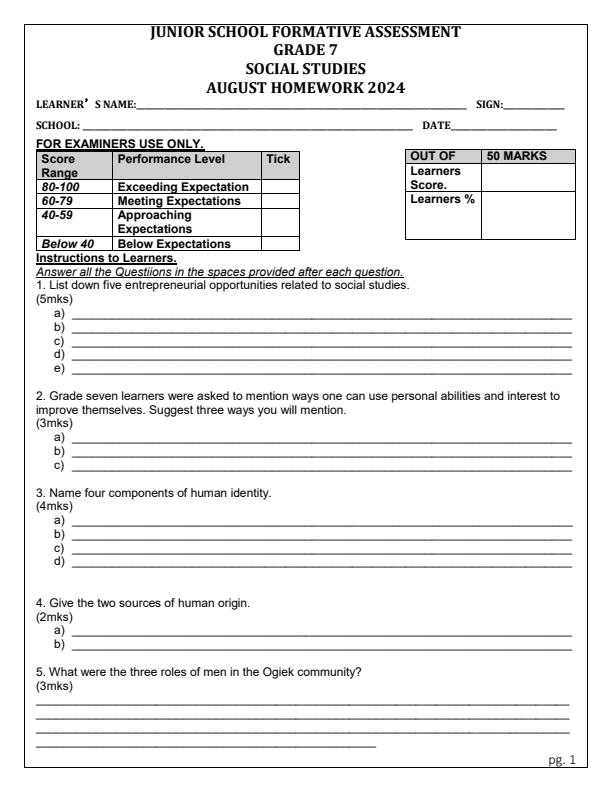 Page 1 – Grade 7 Social Studies August 2024 Holiday Assignment – Kenyaplex