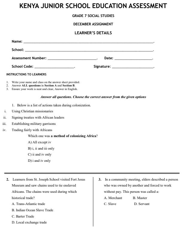 Page 1 – Grade 7 Social Studies December 2026 Holiday Assignment – Kenyaplex