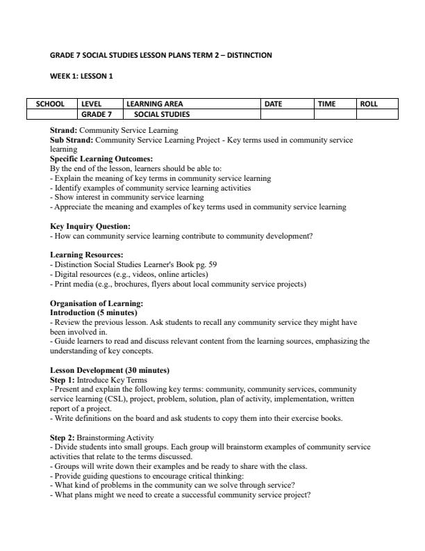 Page 1 – Grade 7 Social Studies Lesson Plans Term 2 - Distinction – Kenyaplex