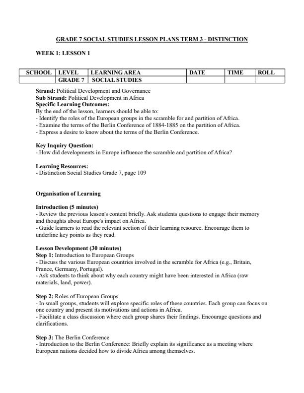 Page 1 – Grade 7 Social Studies Lesson Plans Term 3 - Distinction – Kenyaplex