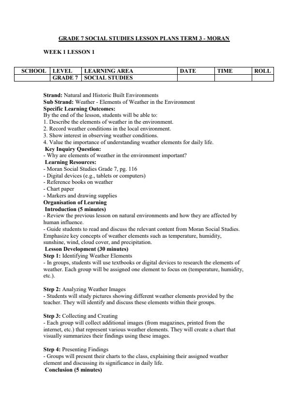 Page 1 – Grade 7 Social Studies Lesson Plans Term 3 - Moran – Kenyaplex