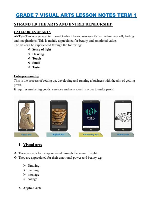 Page 1 – Grade 7 Visual Arts Lesson Notes Term 1 – Kenyaplex