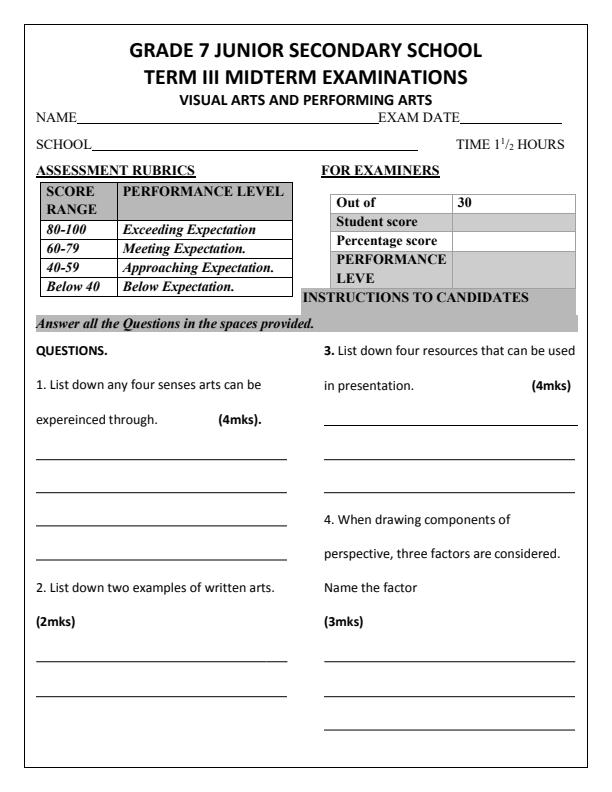 Grade 7 junior secondary school Visual Arts and Performing Arts term 3 ...