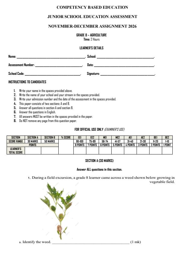 Page 1 – Grade 8 Agriculture December 2026 Holiday Assignment – Kenyaplex