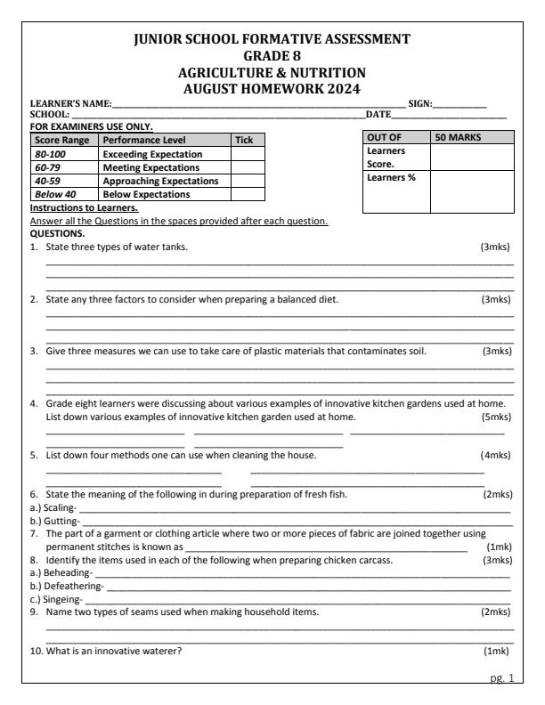 Page 1 – Grade 8 Agriculture and Nutrition August 2024 Holiday Assignment – Kenyaplex