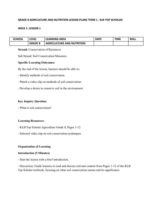 Page 1 – Grade 8 Agriculture and Nutrition Lesson Plans Term 1 - KLB Top Scholar – Kenyaplex