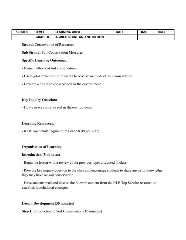 Page 4 – Grade 8 Agriculture and Nutrition Lesson Plans Term 1 - KLB Top Scholar – Kenyaplex