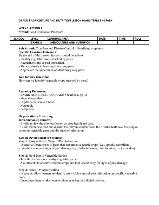 Page 1 – Grade 8 Agriculture and Nutrition Lesson Plans Term 2 - Spark – Kenyaplex