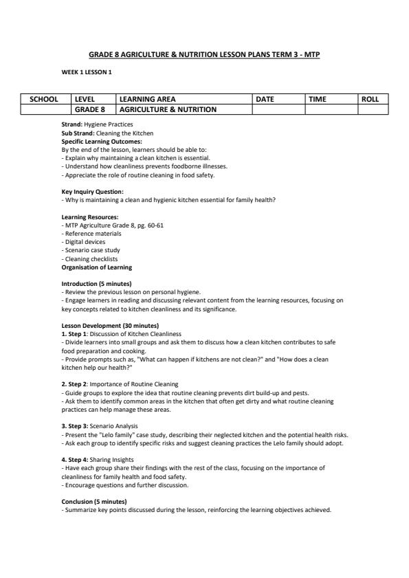 Page 1 – Grade 8 Agriculture and Nutrition Lesson Plans Term 3 - MTP – Kenyaplex