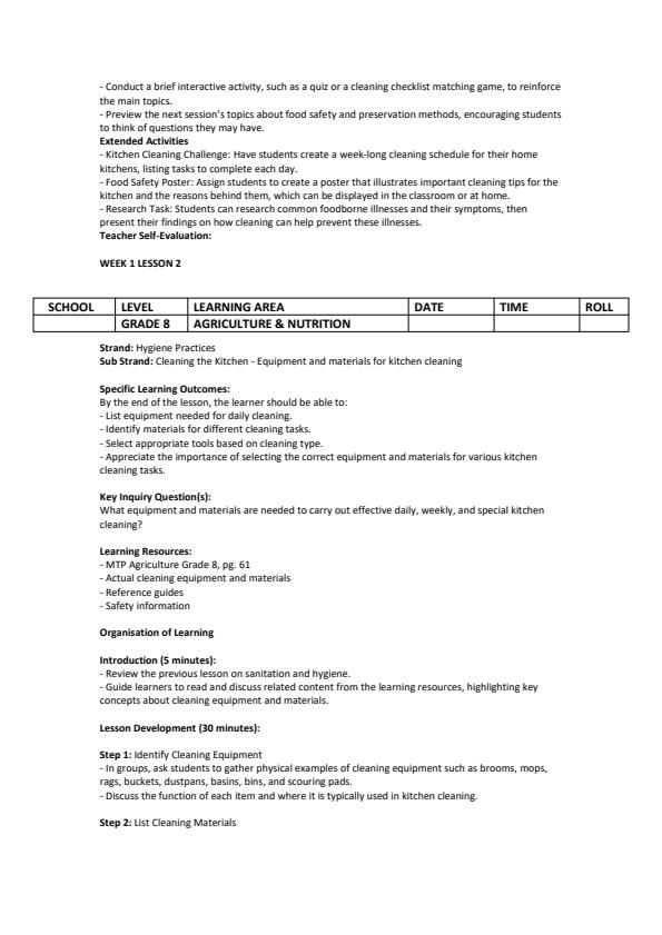 Page 2 – Grade 8 Agriculture and Nutrition Lesson Plans Term 3 - MTP – Kenyaplex