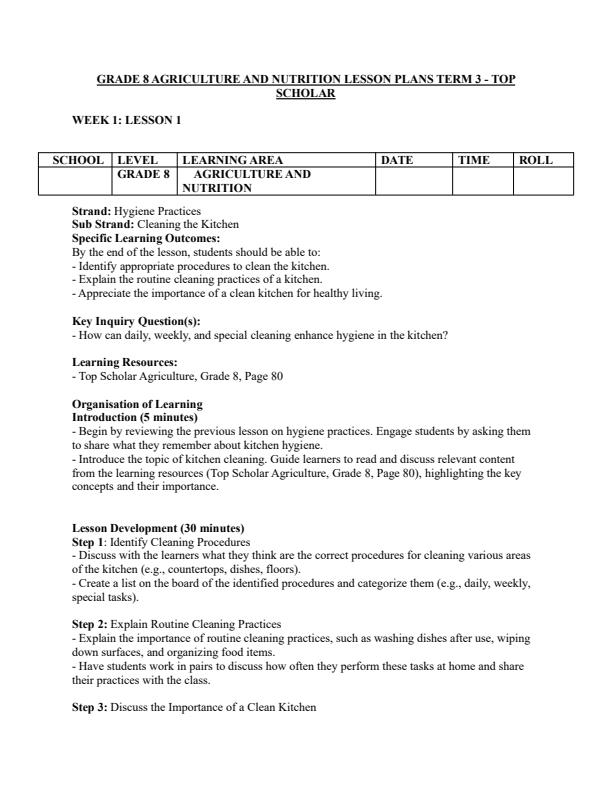 Page 1 – Grade 8 Agriculture and Nutrition Lesson Plans Term 3 - Top Scholar – Kenyaplex