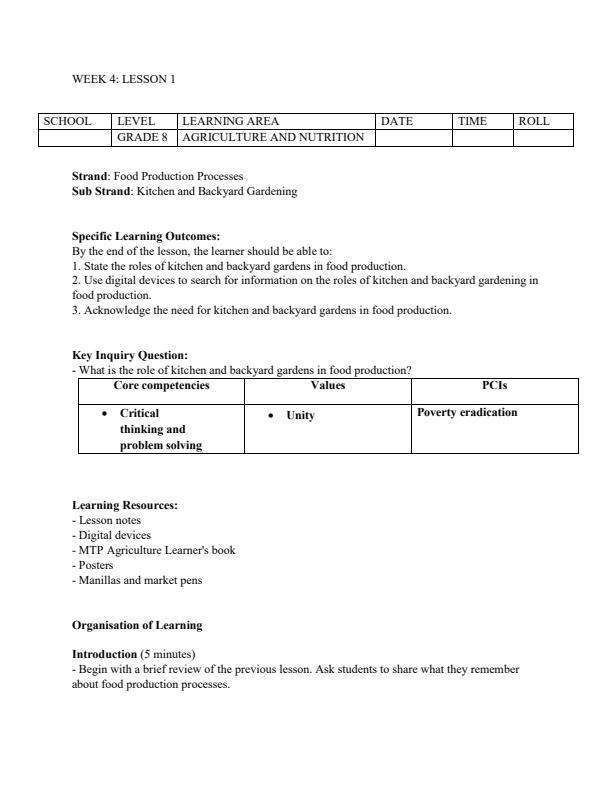 Page 1 – Grade 8 Agriculture and Nutrition Lesson Plans on Food Production Processes – Kenyaplex