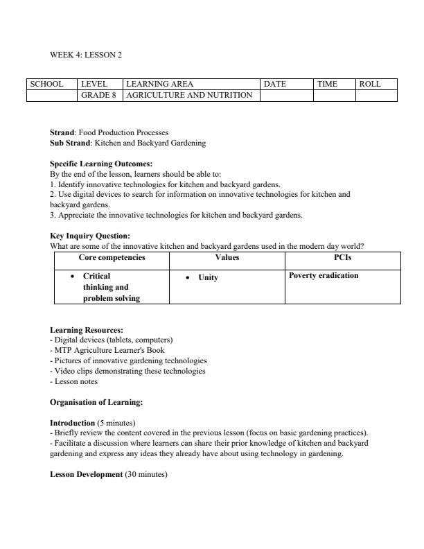 Page 4 – Grade 8 Agriculture and Nutrition Lesson Plans on Food Production Processes – Kenyaplex